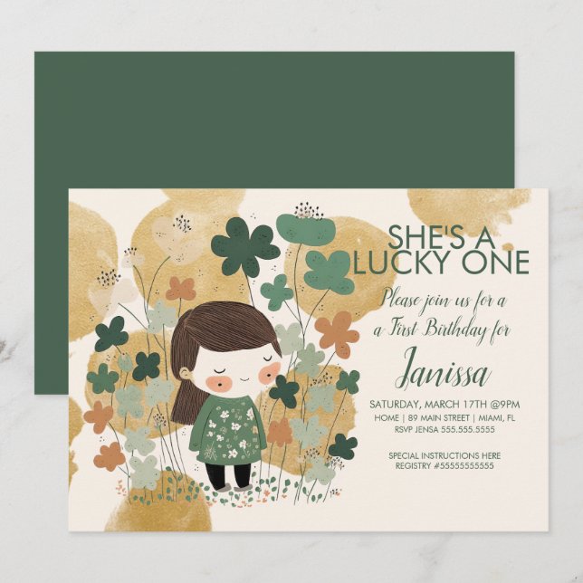 Invitation Fille chanceuse de la Saint-Patrick Shamrock Or (Devant / Derrière)