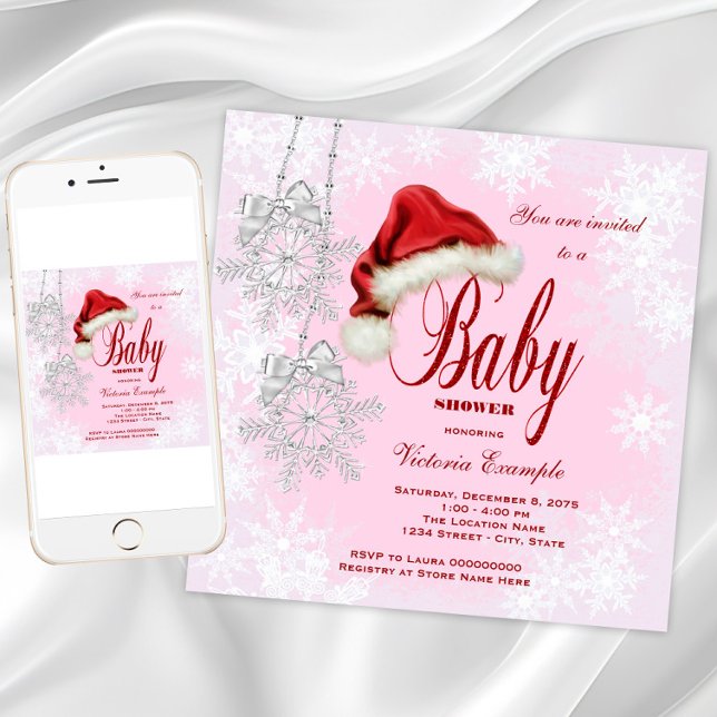 Invitation Fille Chapeau de Santa Bébé Shower Noël Flocon de  (Pink snowflake Christmas baby shower invitation. Instant download and printed invitations available.)