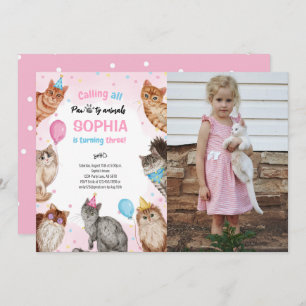 Invitation Fille Chat Pawty Animaux Photo d'anniversaire