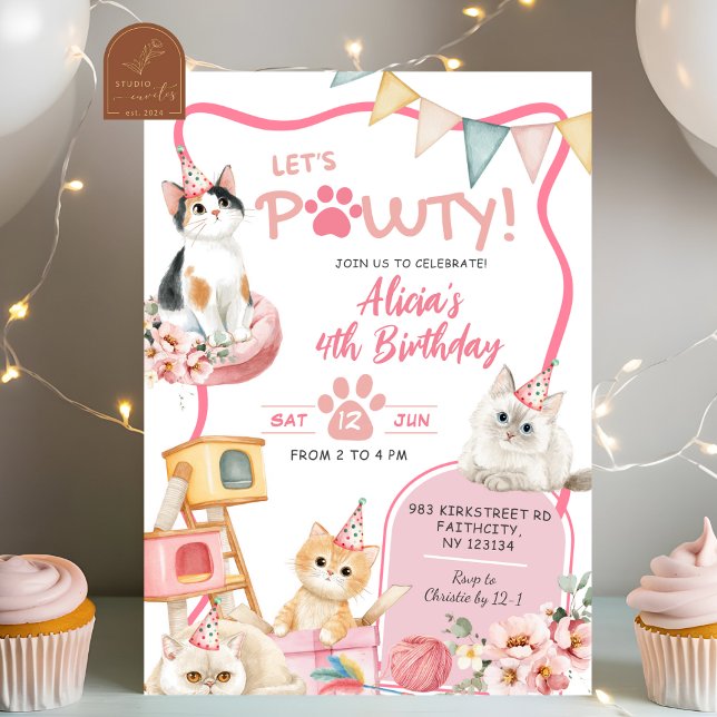 Invitation Fille Chat Rose Faisons la Fête Anniversaire Tout  (Créateur téléchargé)