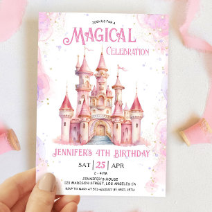 Invitation Fille Château Rose Princesse 4ème Anniversaire