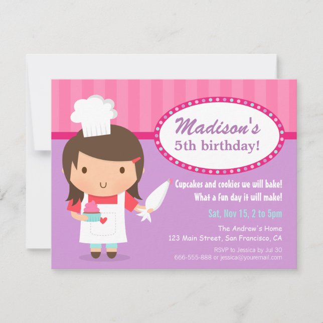 Invitation Fille Chef Cupcake Glaçage Cuisine Fête d'annivers (Devant)