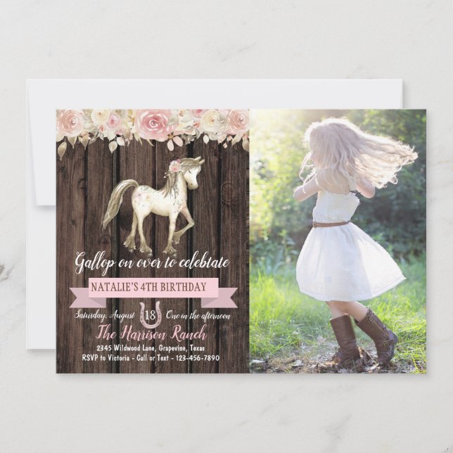 Invitation Fille Cheval Pony Cowgirl Photo Anniversaire (Devant)