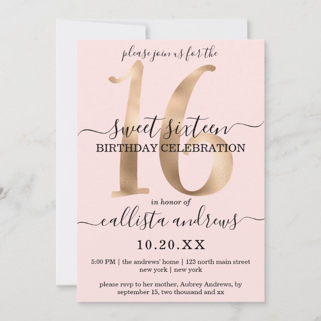 Invitation Fille Chic Faux Or Blush Pink Sweet 16 (Devant)