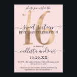 Invitation Fille Chic Faux Or Blush Pink Sweet 16<br><div class="desc">Cette invitation élégante, simple, minimaliste et chic à la fête d'anniversaire de Sweet sixteen est parfaite pour votre jeune adolescente. Il est doté d'un numéro somptueux et doré de luxe, "16" sur le dessus d'un arrière - plan rose vif avec des polices cursives et serif noires gratuites. C'est unique, moderne,...</div>