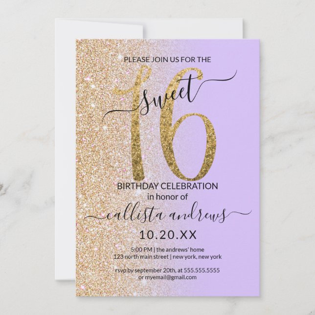 Invitation Fille Chic Lavender Gold Parties scintillant Ombre (Devant)