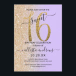 Invitation Fille Chic Lavender Gold Parties scintillant Ombre<br><div class="desc">Cette invitation à fêter un sweet sixteen chic et féminin est parfaite pour la journée spéciale de votre jeune fille adolescente. Il présente une grande parties scintillant en or brillant, "16", imbriquée sur une simple parties scintillant en lavande pastel violet et en faux or, sur les côtés dégradé ombre arrière...</div>