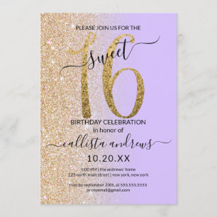 Invitation Fille Chic Lavender Gold Parties scintillant Ombre