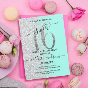 Invitation Fille Chic Mint Parties scintillant Argent Ombre S