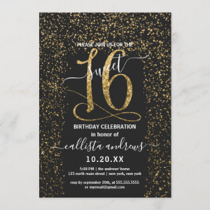 Invitation Fille Chic Noir Confetti Bordure Sweet 16