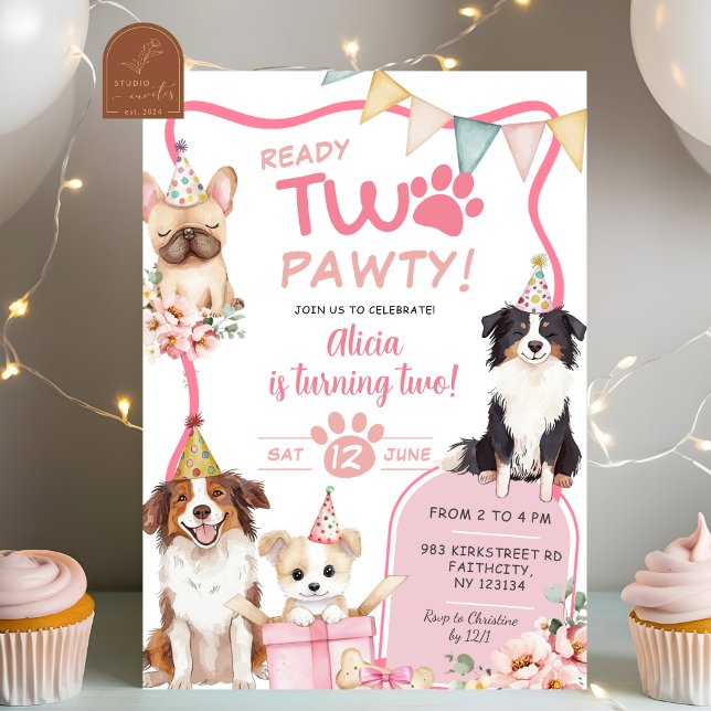 Invitation Fille Chien Rose Prête DEUX fête (Créateur téléchargé)
