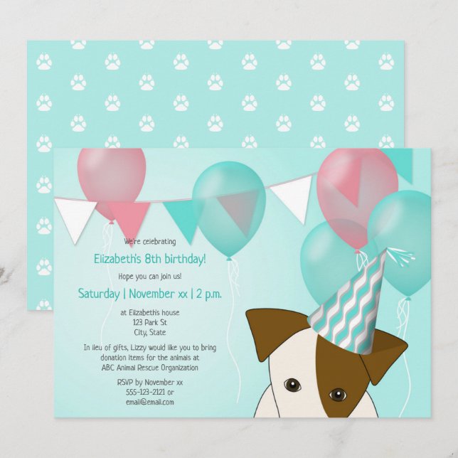 Invitation fille chien thème fête d'anniversaire ballons rose (Devant / Derrière)