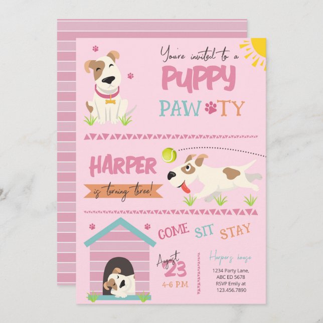 Invitation Fille Chiot Anniversaire Pawty (Devant / Derrière)