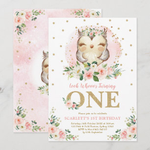 Invitation Fille Chouette Blush Rose Floral 1er anniversaire 