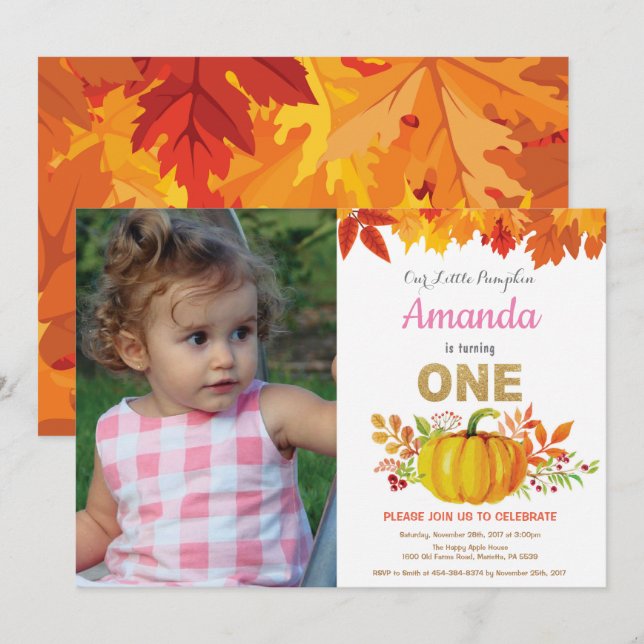 Invitation Fille Citrouille Automne Premier Anniversaire Pail (Devant / Derrière)