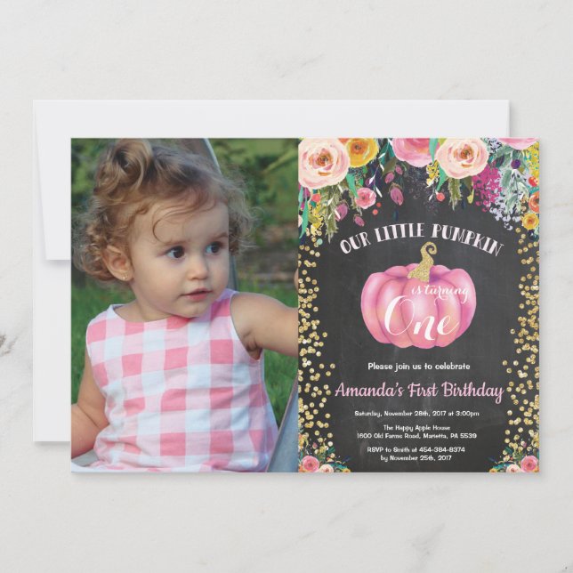 Invitation Fille Citrouille premier anniversaire Floral or Ch (Devant)