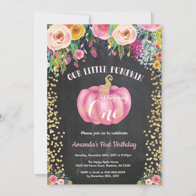 Invitation Fille Citrouille Premier Anniversaire Floral Table (Devant)