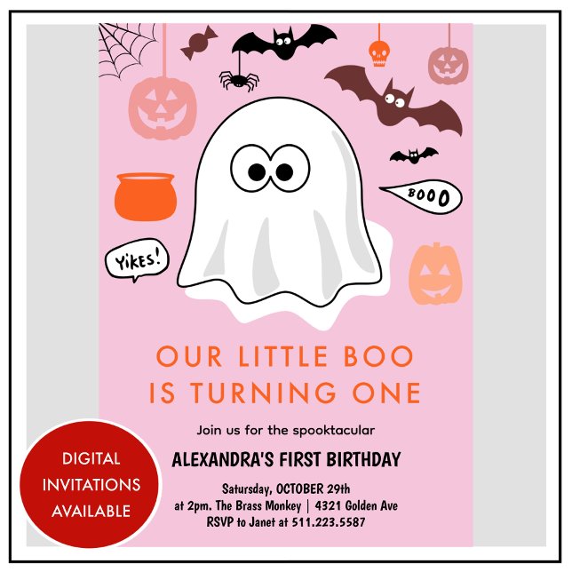 Invitation Fille Citrouille rose Fantôme Halloween 1er annive (Halloween-1st-birthday-Invitation-ghost-girl-pink-1)
