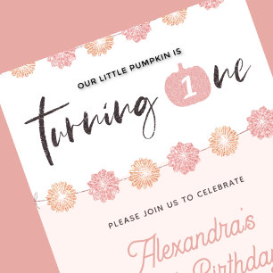 Invitation Fille citrouille rose Floral Halloween 1er anniver