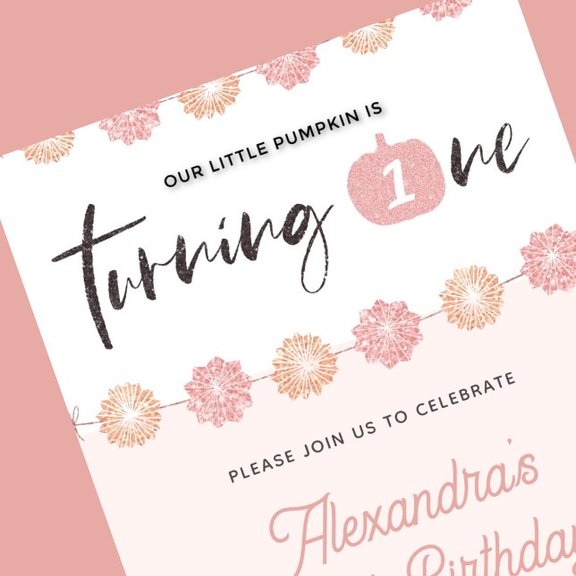 Invitation Fille citrouille rose Floral Halloween 1er anniver (Halloween-1st-birthday-Invitation-Pumpkin-Girl-Pink-Floral-1)
