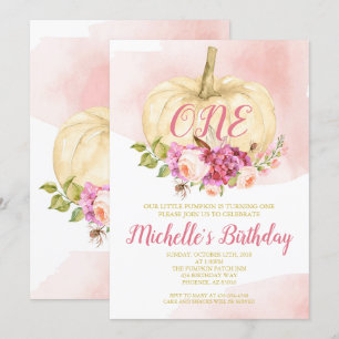 Invitation Fille Citrouille rose or premier anniversaire aqua