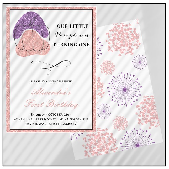 Invitation Fille citrouille rose violet Halloween 1er anniver (Halloween-1st-Birthday-Invitation-Pumpkin-Girl-Pink-Purple-1)