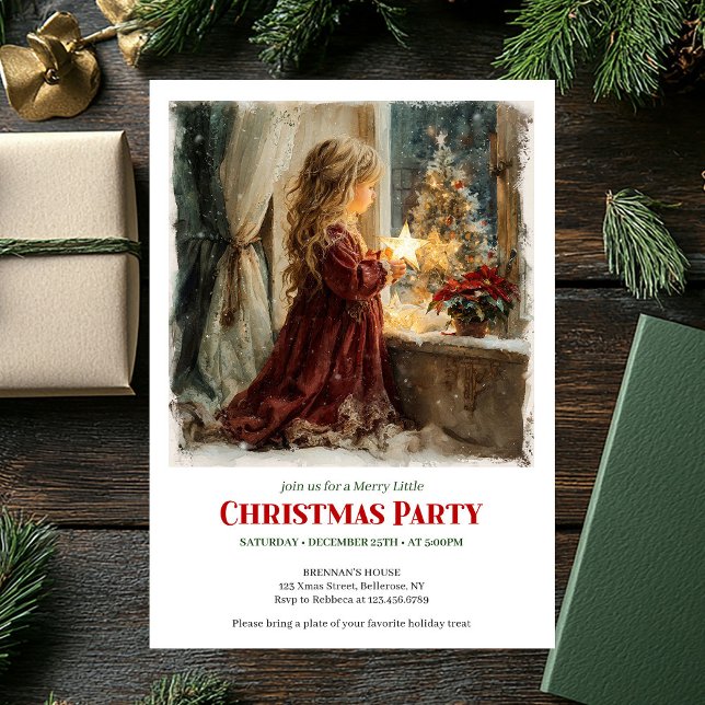 Invitation Fille classique attend l'impression de Noël de San (Classic girl awaits Santa printable Christmas invite)