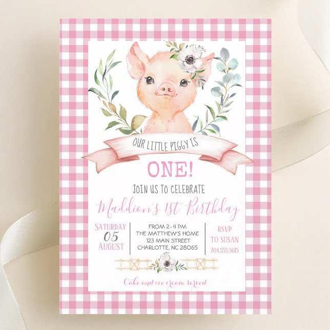 Invitation Fille cochonne en vichy rose anniversaire (Créateur téléchargé)