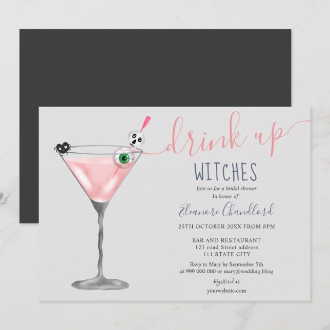 Invitation Fille cocktail rose sorcières Halloween nuptiale d (Devant / Derrière)