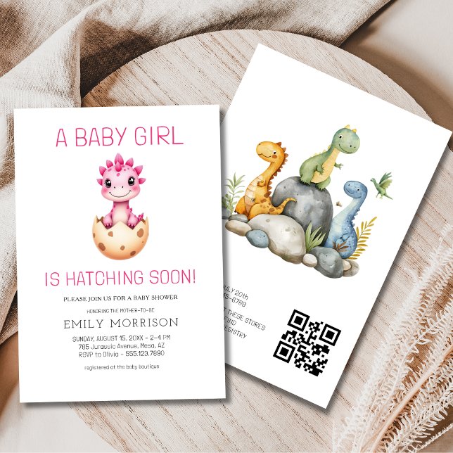 Invitation Fille Code QR Dinosaure Naîtra Bientôt Baby Shower (Créateur téléchargé)