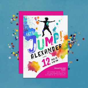 Invitation Fille Colorée Trampoline Rose Jump Bounce Party