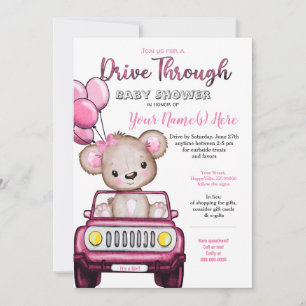 Invitation Fille Conduire à travers Baby shower Ours Teddy