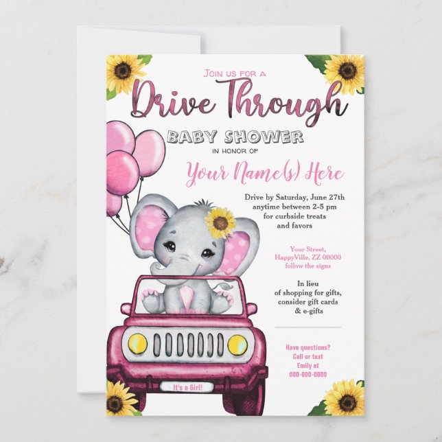 Invitation Fille Conduite Par Baby shower Elephant Tournesol (Devant)
