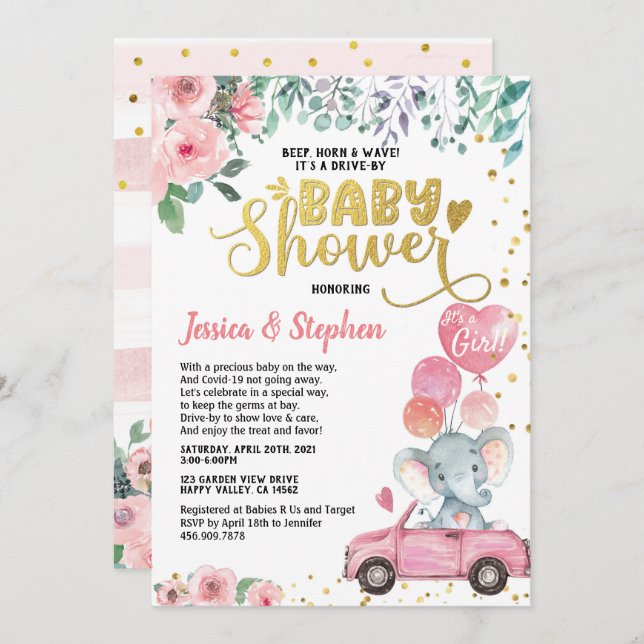 Invitation Fille Conduite Par Baby shower Parade Eléphant ros (Devant / Derrière)