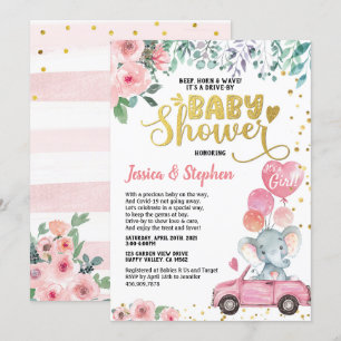 Invitation Fille Conduite Par Baby shower Parade Eléphant ros