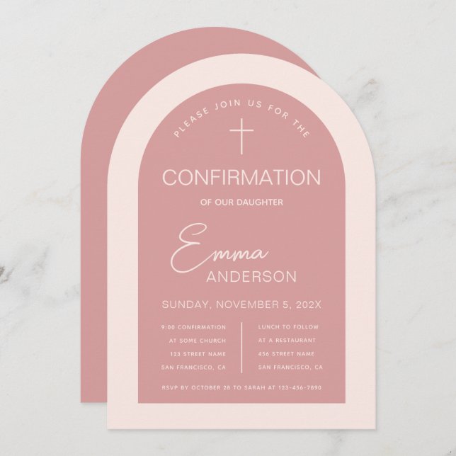 Invitation Fille Confirmation Arc rose moderne Dusty Rose (Devant / Derrière)