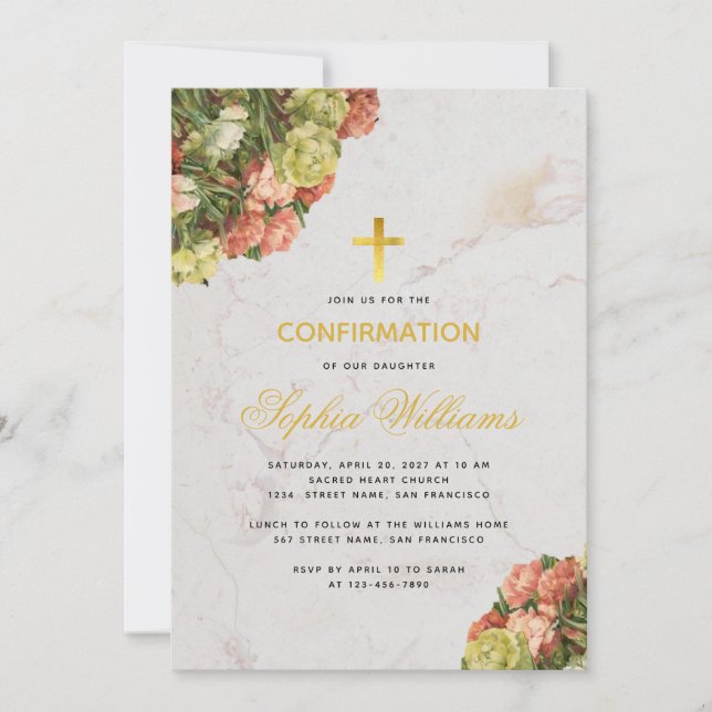 Invitation Fille Confirmation Armoise de marbre floral Script (Devant)