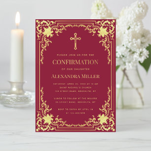Invitation Fille Confirmation Bourgogne Croix en Faux Or Élég