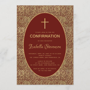 Invitation Fille Confirmation Bourgogne Or Roses Élégant Roug