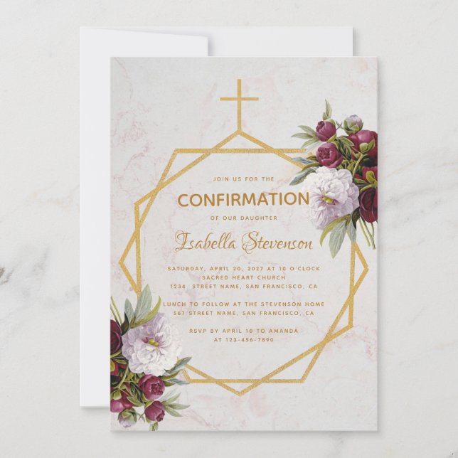 Invitation Fille Confirmation Bourgogne Red Peonies Marble Go (Devant)