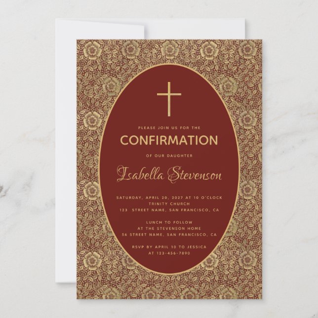 Invitation Fille Confirmation Bourgogne Roses dorées Élégante (Devant)
