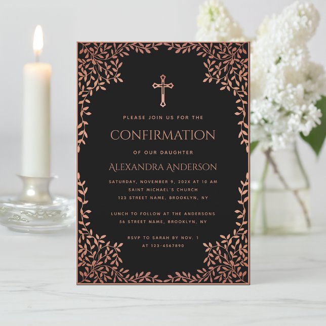 Invitation Fille Confirmation Feuille rose noir Rose or (Créateur téléchargé)