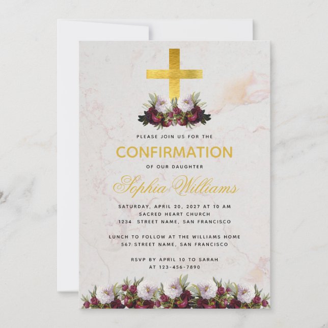 Invitation Fille Confirmation Gold Cross Burgundy Peony Marbl (Devant)