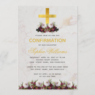 Invitation Fille Confirmation Gold Cross Burgundy Peony Marbl