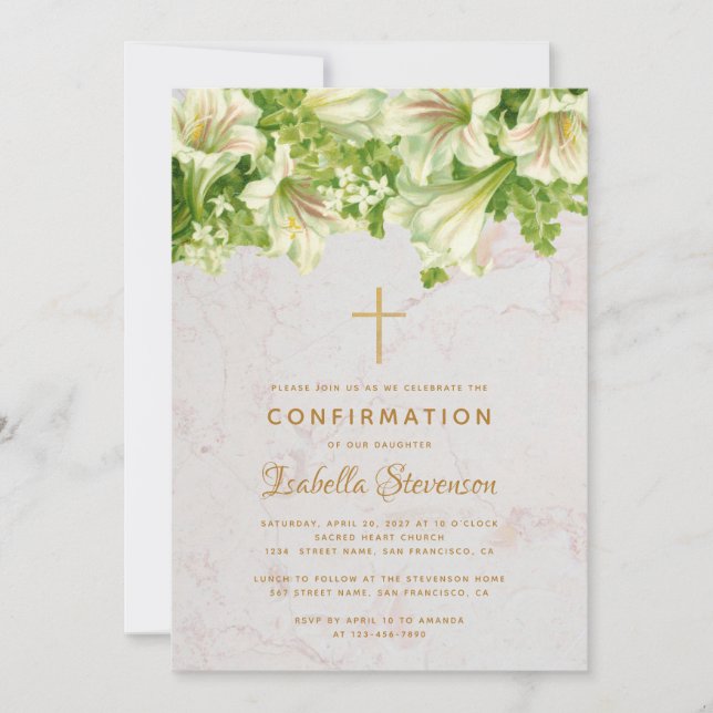 Invitation Fille Confirmation Lys blancs sur le marbre Floral (Devant)