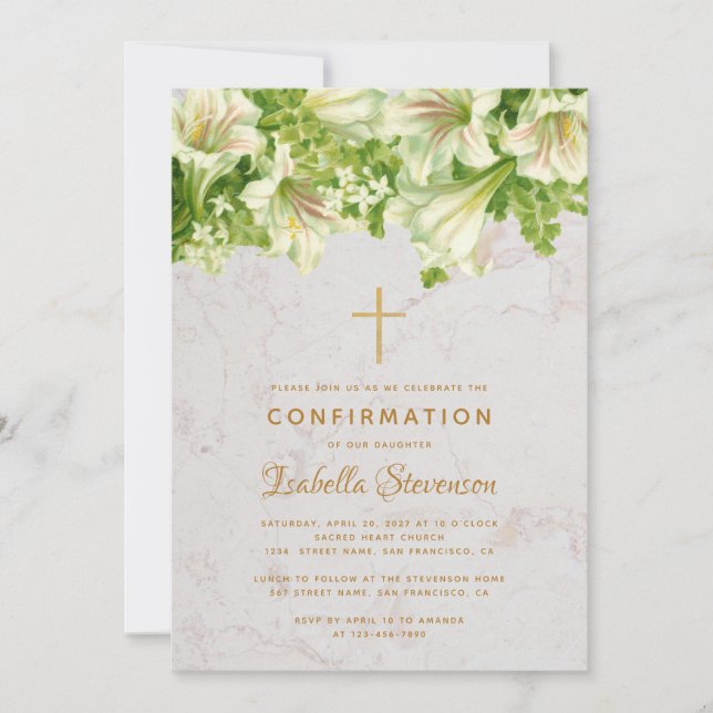 Invitation Fille Confirmation Lys Blancs sur Marbre Floral (Devant)