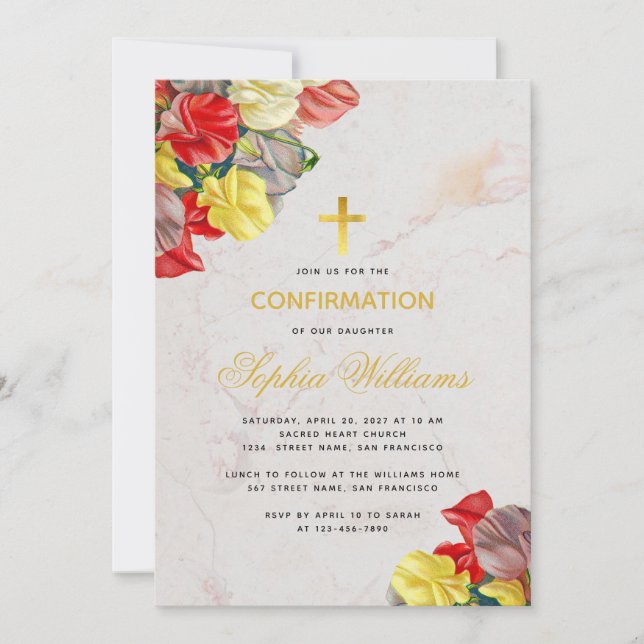 Invitation Fille Confirmation Marbre Floral Peas sucrées Scri (Devant)