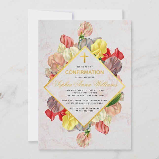 Invitation Fille Confirmation Marbre Or Pois doux Floral (Devant)