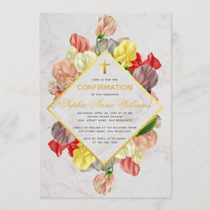 Invitation Fille Confirmation Marbre Or Pois doux Floral