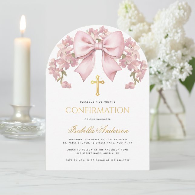 Invitation Fille confirmation rose bow floral & croix élégant (Créateur téléchargé)
